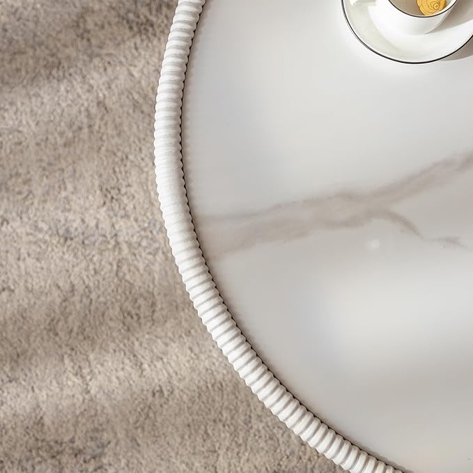 27.55" White Round Coffee Table, Drum Coffee Table with Sintered Stone Tabletop and Fluted PU Leather Covered and Metal Base, Circle Cocktail Tea Table for Living Room