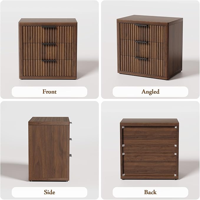 Night Stand with 3 Drawers, 23" Wide Modern Nightstand with Large Storage, Fluted Bed Side Table with Metal Handle, End Table Tall Nightstand for Bedroom, Living Room, Office, Walnut