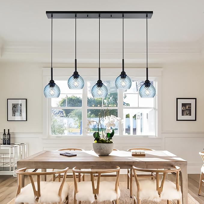 5 Light Island Lighting Fixtures Hanging with Blue Striped Swirl Globe Glass, Black Linear Hanging Pendant Light Fixture Farmhouse Chandelier for Dining Room Bar Living Room