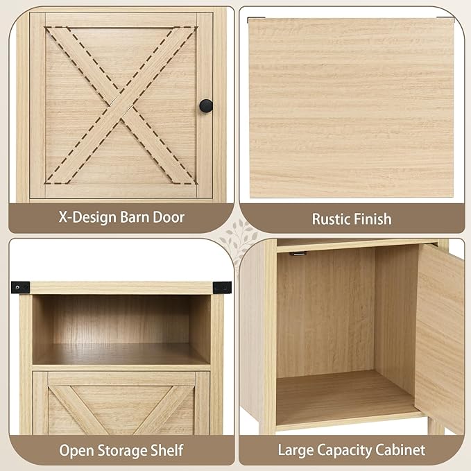 Farmhouse End Table, Side Table, Nightstang, End Table with Barn Door and Shelf, Rustic Modern Bed Night Stand for Bedroom, Living Room, Natural