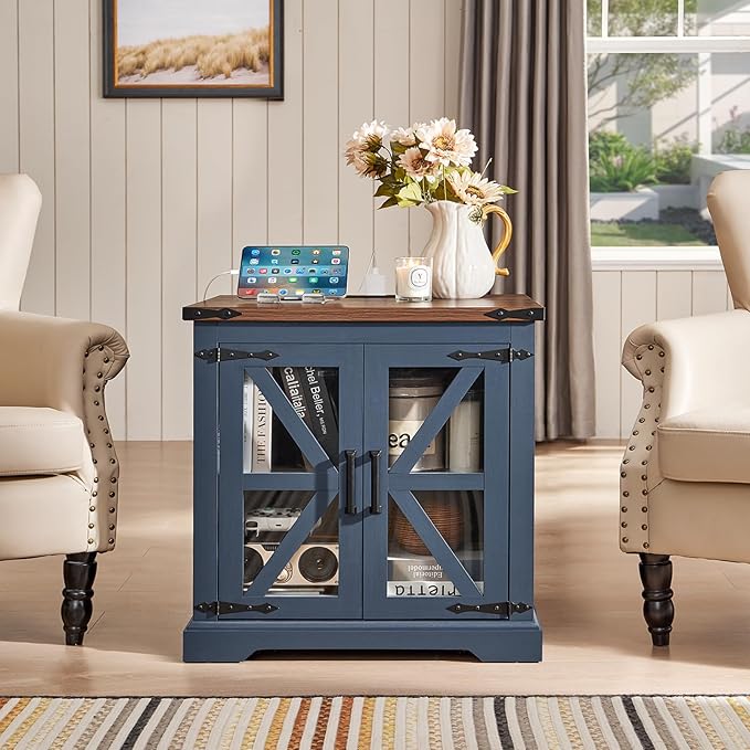 End Tables Living Room Set 3, 18'' Night Stand and 24" Square Side Table with Charger Station, Wood Furniture Sets, Nightstand Bedside End Table for Bedroom