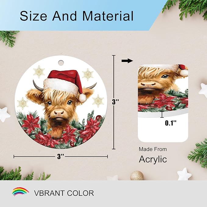 Dlzdn Highland Cow Christmas Ornament Double Sided Printing Acrylic Xmas Keepsake Decorations Christmas Tree Decoration Gifts for Women