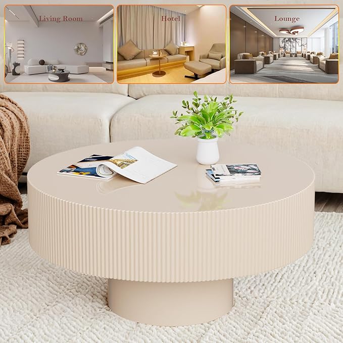 Round Drum Coffee Table, Modern Luxury Spacious Fluted Center Table for Small Space - Home Office Apartment (Lvory White)