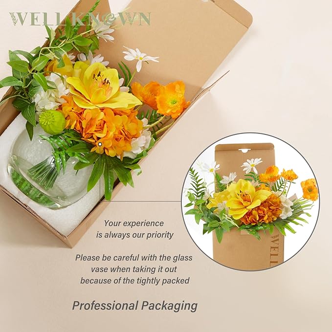 WELL KNOWN Artificial Silk Flowers in Glass Vase for Dining Table Decor, Tropical Orange Orchid Flowers Bouquet Arrangement with Faux Water for Home Office Wedding Party Dining Table Centerpieces Gift