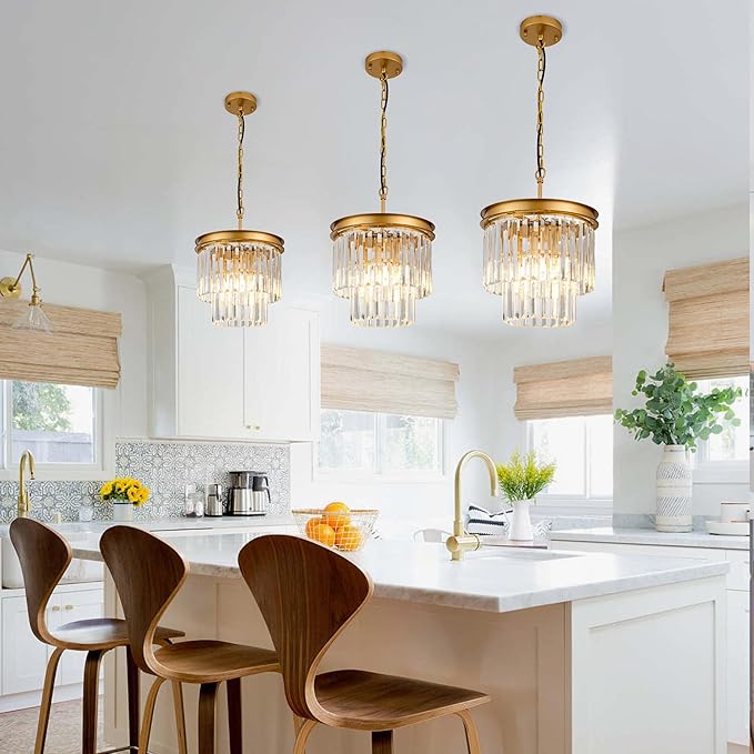 3-Pack Crystal Pendant Lights 11.8" Modern Crystal Chandelier 3-Light 2-Tier Luxury Gold Round Hanging Lighting Fixture for Dinning Room Bedroom Living Room Foyer Kitchen Island