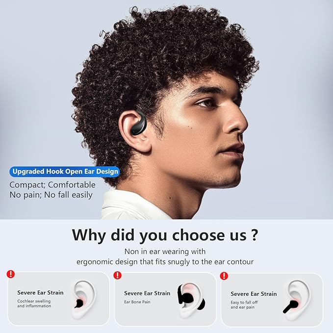 Open Ear Clip Wireless Earbuds Bone Conduction Headphones, Bluetooth 5.4, Open Ear Design for Running Fitness,Office,Built-in Mic, IPX7 Waterproof, LED Display Charging Case,Ear Hooks Ear Buds