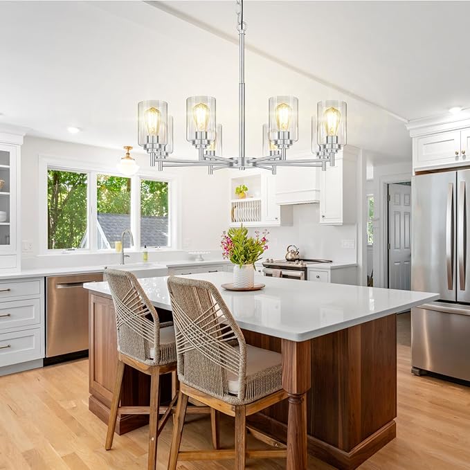 33.5'' 8-Light Chandelier for Dining Room Kitchen Island, Modern Farmhouse Pendant Lighting with Glass Shades Industrial Brushed Nickel Hanging Ceiling Light Fixture for Living Room, Height Adjustable