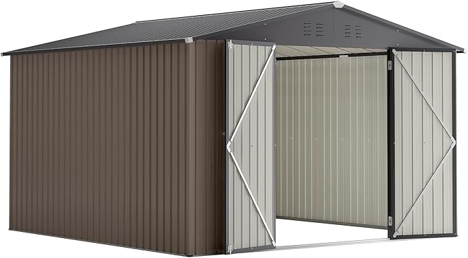 10x10 FT Outdoor Storage Shed, Large Metal Garden Shed with Lockable Hinged Doors, Outside Tool Shed with Sloped Roof & 4 Air Vents, Waterproof Storage Building for Backyard, Patio, Lawn, Brown