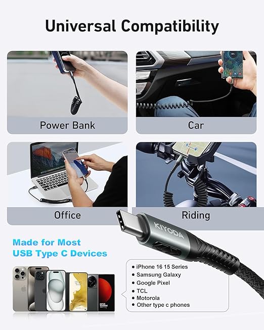 USB C Cable 3FT, 2Pack Coiled Braided USB A to Type C Charger Cable for Car 66W Fast Charging Cord Compatible with iPhone 17 16 15, iPad, Samsung Galaxy, Google Pixel, Moto, TCL, LG Phones and More
