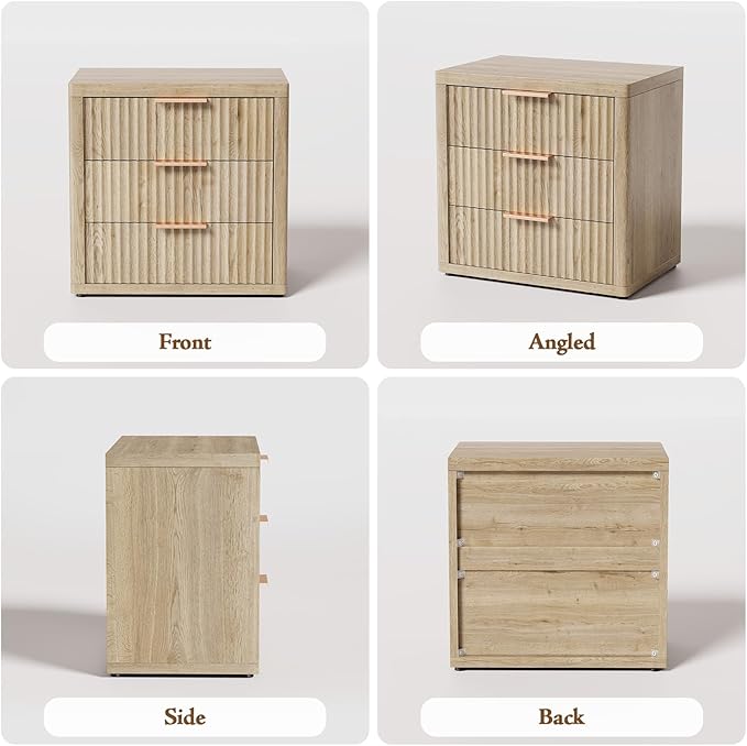 Night Stand with 3 Drawers, 23" Wide Modern Nightstand with Large Storage, Fluted Bed Side Table with Metal Handle, End Table Tall Nightstand for Bedroom, Living Room, Office, Nature