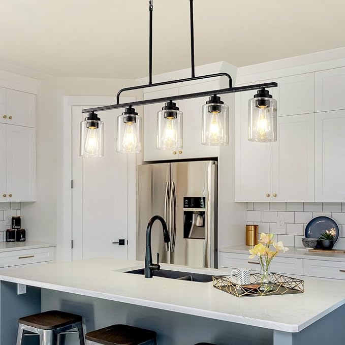 Dining Room Light Fixture - Black 5-Light Farmhouse Chandelier Kitchen Island Lights Fixtures Modern Linear Chandeliers Hanging Pendant Lighting Over Table for Dining Room