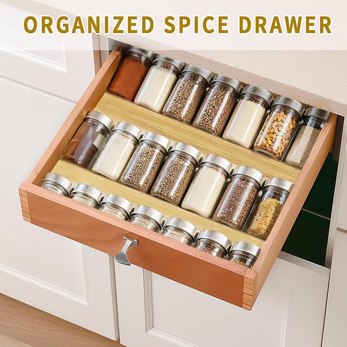 Bamboo Spice Rack For Drawer,4Pcs Tier Stackable Seasoning Storage Organizer Insert,for Kitchen Condiments Storage Insert(Jars Not Included,Combined Size:18.9" D x 9.5" W x 1.8" H)