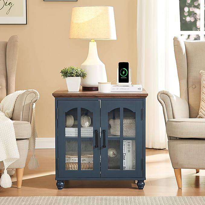 Farmhouse End Table with Charging Station,24" Large Sofa Side Table with Glass Barn Door,Rustic Wood Night Stand with Adjustable Storage Shelf,Square Bedside Table for Living Room,Bedroom Office