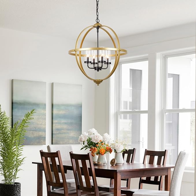 Treekee Chandelier Farmhouse Hanging Lighting, 4-Light Globe Orb Chandelier, Adjustable Modern Pendant Light Fixture for Dining Entryway Foyer, Black and Gold Finish