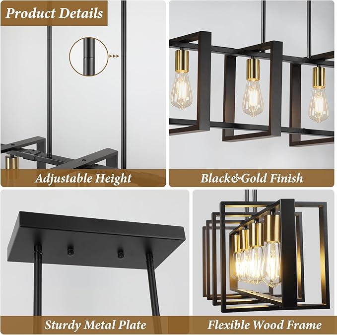 4-Light Dining Room Light Fixture, 53’’ Farmhouse Wood Chandelier Kitchen Island Lighting Over Table, Modern Black Gold Rectangular Hanging Pendant Light Fixture for Living Room, E26 Sockets