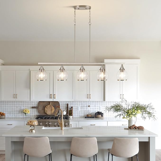 Island Light for Kitchen, 5-Light Brushed Nickel Kitchen Island Linear Hanging Pendant Chandeliers, Brushed Nickel Dining Room Light Fixture Over Table with Clear Round Glass Shades