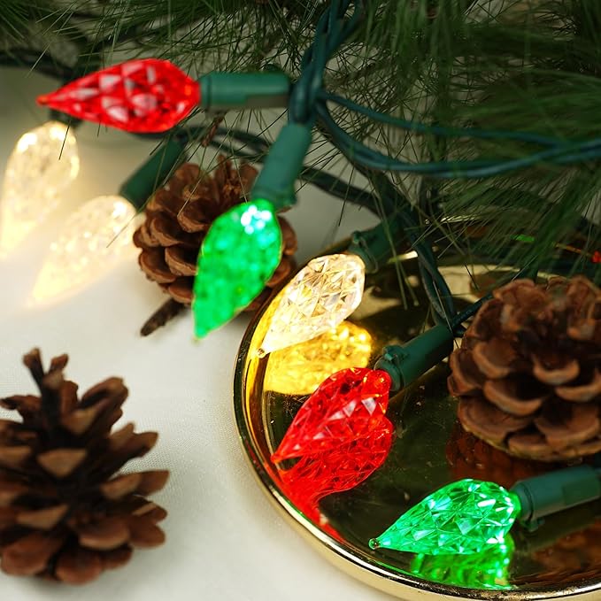 BOHON Red White and Green Christmas Lights Outdoor Faceted C6 50 LED 25ft Plug in Fairy Twinkle Warm String Lights Waterproof Extendable Green Wire for Indoor Patio Xmas Thanksgiving Tree Decoration