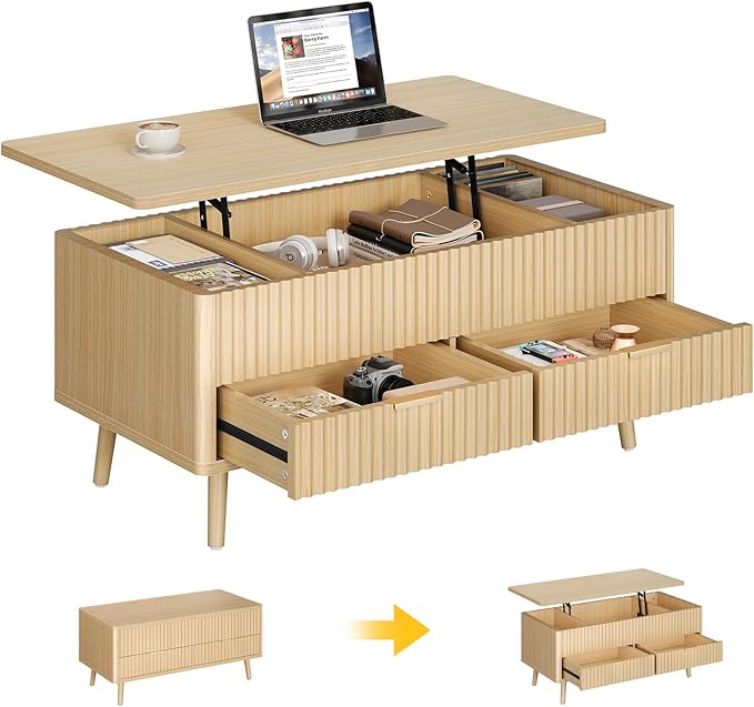 Fluted Lift Top Coffee Table- Wood Coffee Tables with Storage for Living Room, Mid Century Modern Square Large Center Table with Drawers & Hidden Compartment for Home Office, Reception