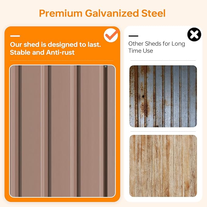 14x12 FT Outdoor Storage Shed, Utility Steel Tool Shed with Lockable Door and Air Vents, Galvanized Metal Shed for Garden Backyard Patio Lawn (14'x12', Brown)