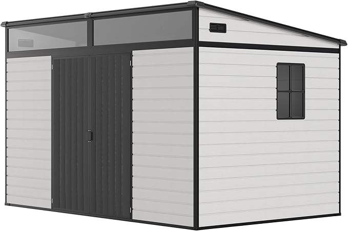 Jocisland 10x7x6.7 FT Outdoor Resin Storage Shed with Floor & Double Doors, Sloped Roof Garden Shed with Skylight Panels, Window & Vents, Waterproof UV-Resistant Tool Sheds for Garden, Lawn, Backyard