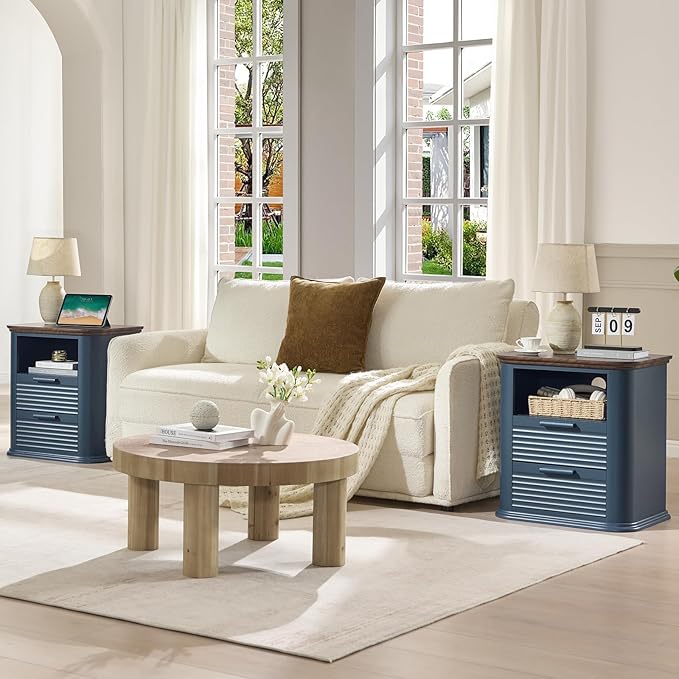 Okvnbjk 22" Fluted Nightstand Set of 2 with Charging Station, Modern End Table with 2 Drawers & Open Storage, Bedside Table for Living Room, Bedroom, Side Tables Curved Profile Design, Navy Blue