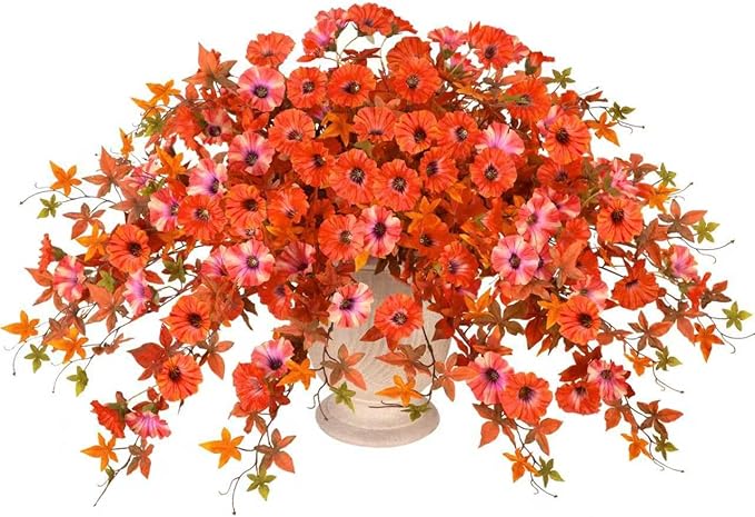 Artificial Fall Hanging Flowers for Outdoors Decoration, 2Pcs Fake Petunias Silk Plants UV Resistant No Fade, Realistic Faux Flower Look Real for Outdoor Planters Garden Porch Patio (Fall Orange)