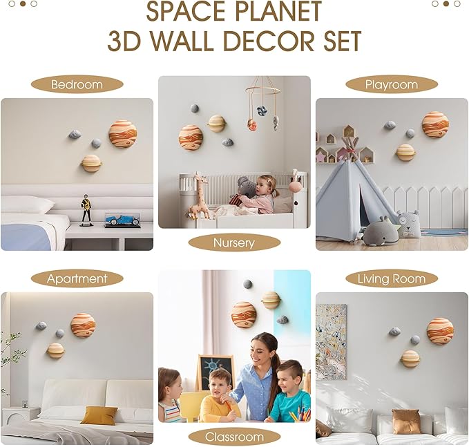 4Pcs Outer Space Planets Wall Decor Cute Wall Sculptures Astronauts Galaxy Nursery Decor, 3D Outer Space Theme Bedroom Wall Decorations for Kids Room Boys Room