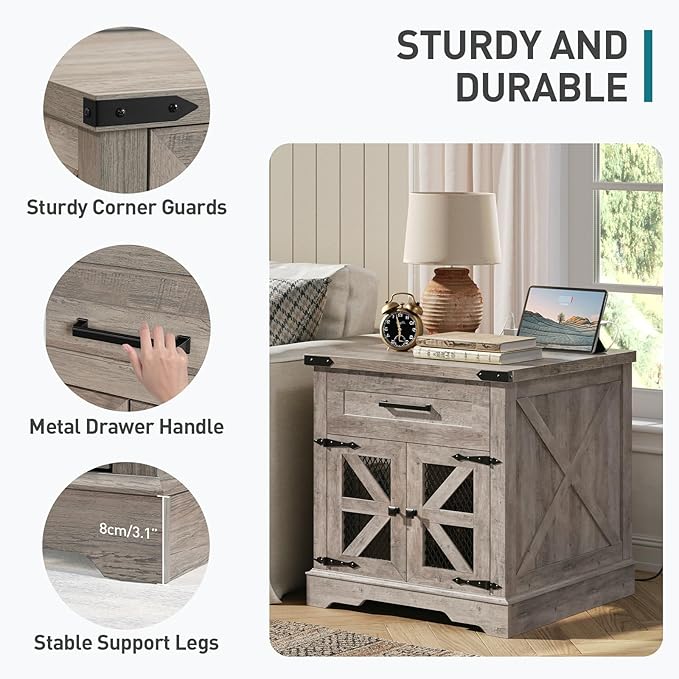 Farmhouse End Table with Charging Station, 24" Large Sofa Side Table with Drawer, Large End Table for Living Room, Wooden Nightstand with Outlet, Square, Greige