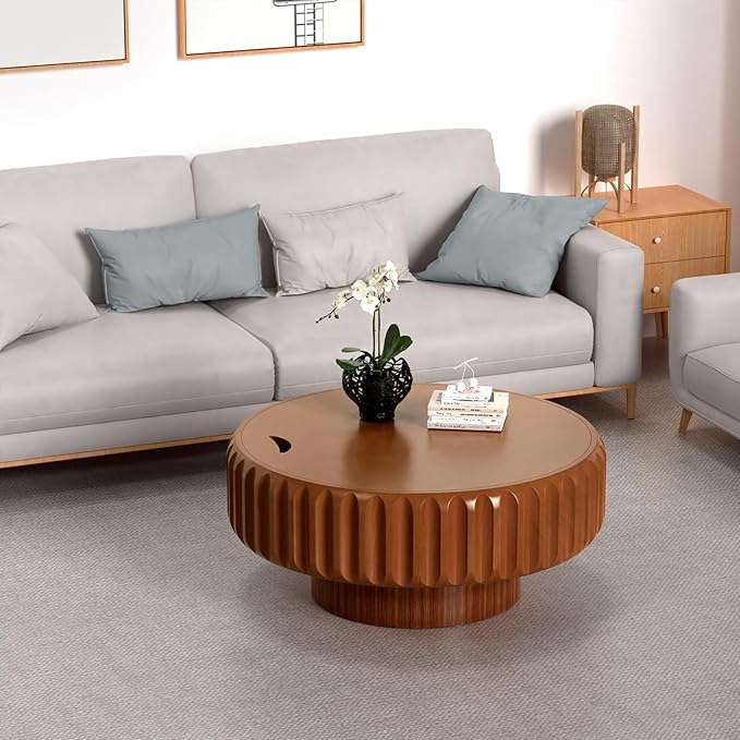 31.5in Drum Coffee Table with Storage Modern Unique Fluted Tea Table Contemporary Round Coffee Table with Fluted Center Table for Small Space Apartment(31.5in)