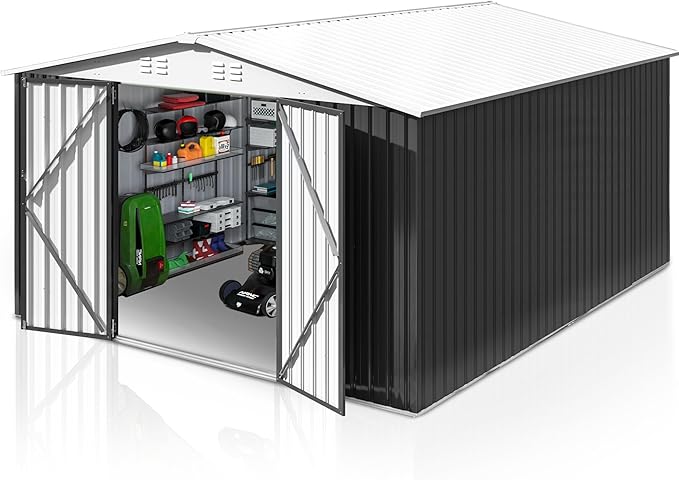 Polar Aurora 12x10 FT Outdoor Storage Shed, Metal Garden Shed with with Updated Frame Structure, Tool Sheds for Backyard Garden Patio Lawn, White
