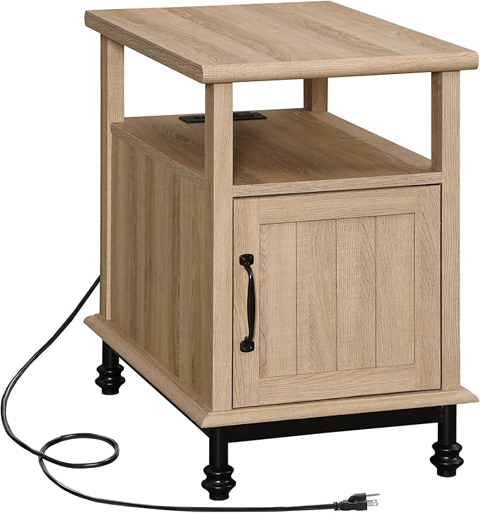 WAMPAT End Side with Charging Station, Narrow Side Table Nightstand with Storage Cabinet, Wooden Bedside Table with Metal Legs, Night Stand for Bedroom, Oak