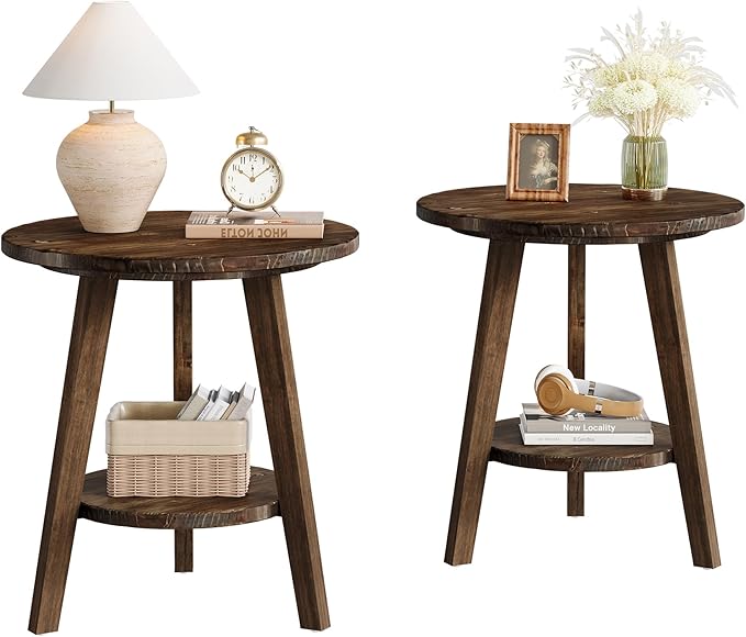 Solid Wood Round End Table, Sofa Side Table with Storage Shelf, Farmhouse Nightstand for Living Room, Bedroom, Easy Assembly (Dark Brown, 2 PCS)
