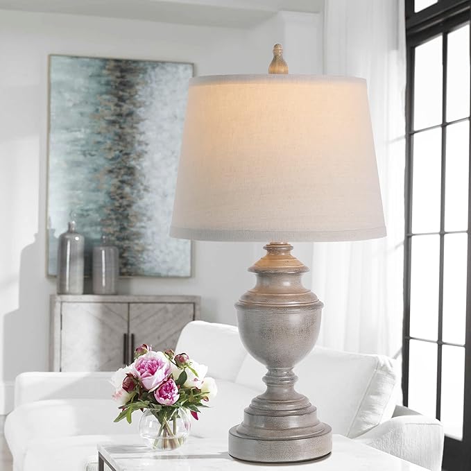 Gray Table Lamps for Bedroom Set of 2 with USB Port, Vintage 3-Way Dimmable Touch Control Nightstand Lamps, Bedside Lamps for Living Room, Farmhouse Lamps with Tapered Linen Drum Shade, Bulbs Included