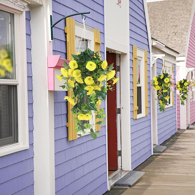 RECUTMS Artificial Fake Hanging Flowers Plants for Outdoor Decoration, 2 Pcs UV Resistant Faux Petunias Trailing Plants Realistic Flower Look Real for Door Wall Yard Porch Garden Planter (Yellow)