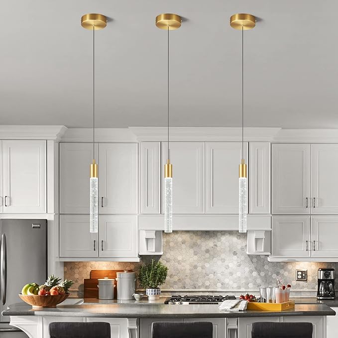 Modern Kitchen Island Pendant Light Dimmable LED Gold Brass Finish Mini Crystal Pendant Lighting Bedroom Bedside Table Small Pendant Lights(3-Pack)