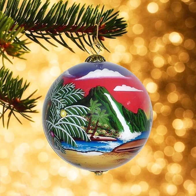 Collectible Hawaiian Santa Christmas Hand-Painted Glass with Gift Box Ornament MK/H