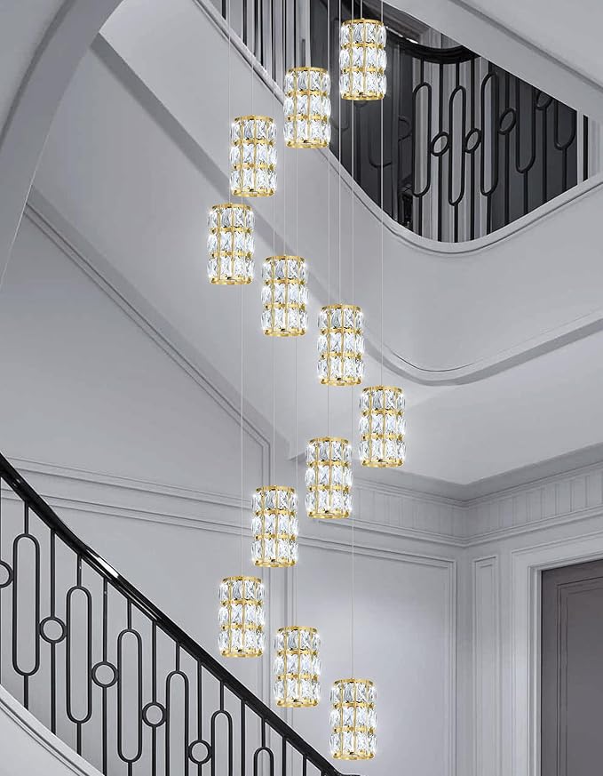 12-Lights Modern Crystal LED Dimmable for Staircase Foyer High Ceiling Chandeliers Hallway Gold