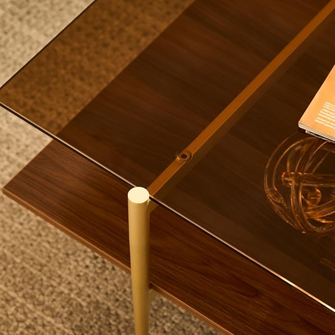 Saint Mossi Tadio X-Large Glass Coffee Table, Double Layer Glass Coffee Table for Living Room, Brown Glass & Coffee Brown MDF Bottom Shelf