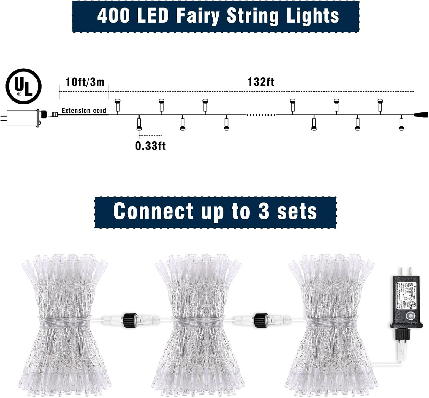 400 LED Red and White Christmas Lights Outdoor, 131ft Christmas String Lights 8 Modes Clear Wire, Plug in Waterproof Twinkle Fairy Lights for Bedroom Christmas Decorations