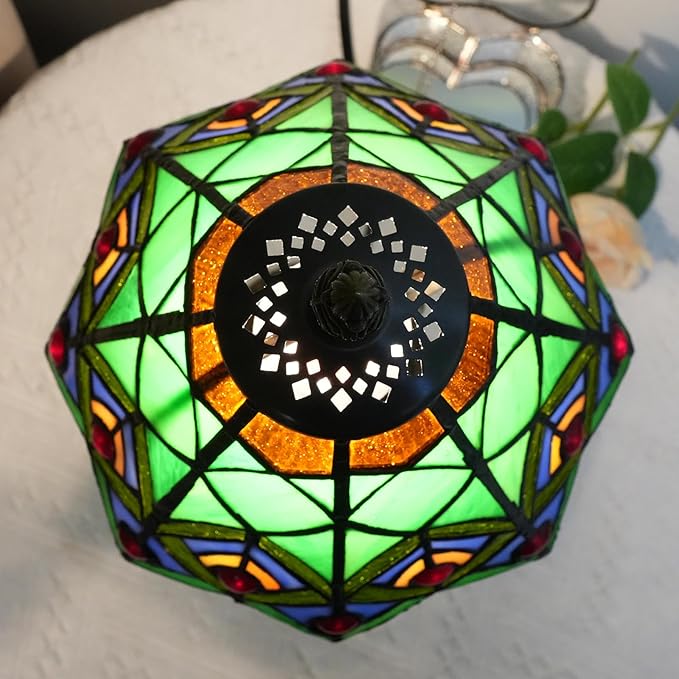 Green Small Tiffany Lamp Stained Glass Table lamp Peacock Tail Bedroom Bedside Light for Living Room Dormitory Bar Retro Style Unique Cute funky Accent Decor Cottage 8" Village gift Nightstand Lamp