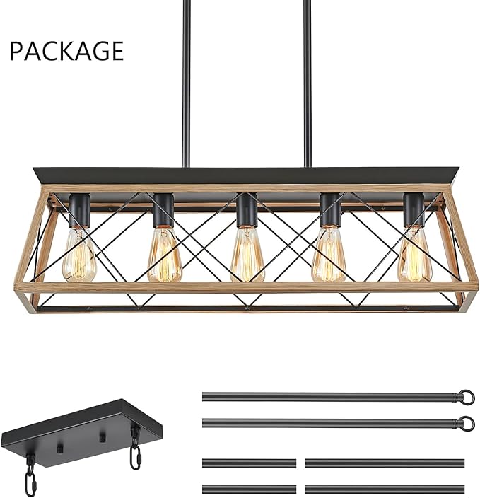 HuixuTe 5-Light Farmhouse Dining Room Chandelier Over Table, Rustic Kitchen Island Lighting, Adjustable Height Pendant Light for Kitchen, Dining Room Table Rustic Wood