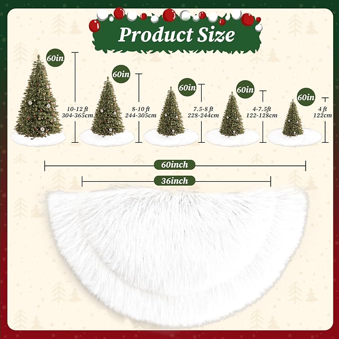 60 Inch Large Christmas Tree Skirt Faux Fur Snow White Plush Tree Mat Base Cover for Merry Christmas Party Holiday Home Indoor Xmas Tree Decorations