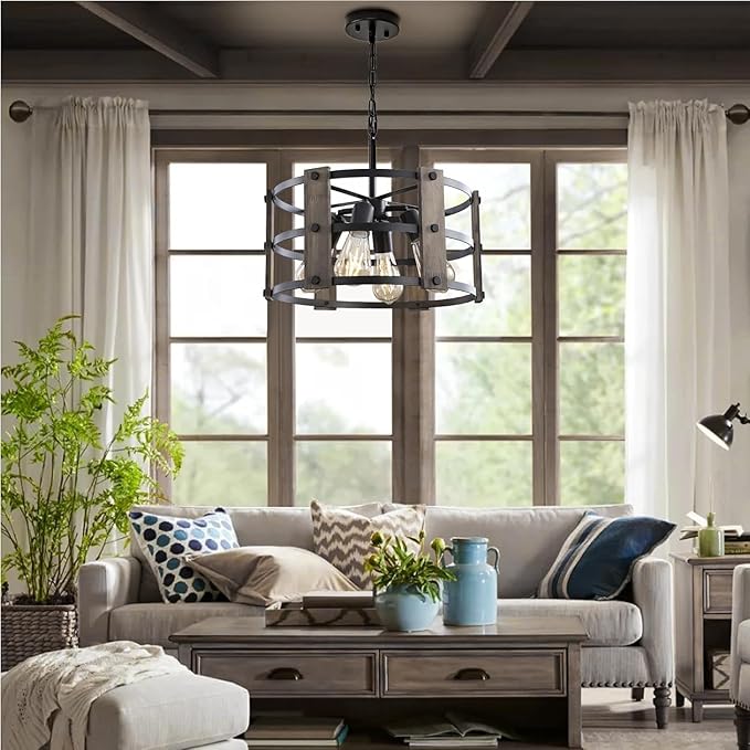 Rustic Farmhouse Chandelier, 4 Lights Pendant Lights Fixture, Adjustable Height, Grey Vintage Wood Hanging Pendant Lighting for Entryway Kitchen Island Foyer Dining Room Living Room Bedroom