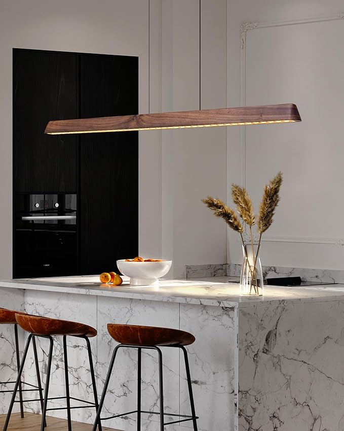 45" Wood Linear Pendant Light, Dimmable Kitchen Island Lighting with Remote, 30W LED Island Lights for Kitchen, Adjustable Linear Chandelier for Dinning Room Light Fixture, Bar, Pool Table - Walnut