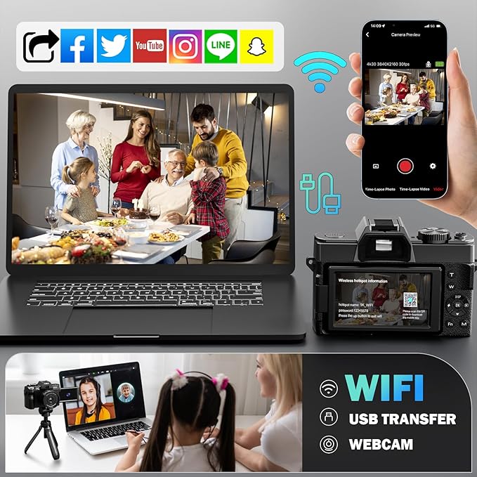 True 5K 64MP Digital Cameras for Photography with Wide Angle & Macro Lens, Wi-Fi, 16X Zoom Autofocus, 64GB Card & 2 Batteries, Leather Case, Vlogging Camera for YouTube Travel (Black)