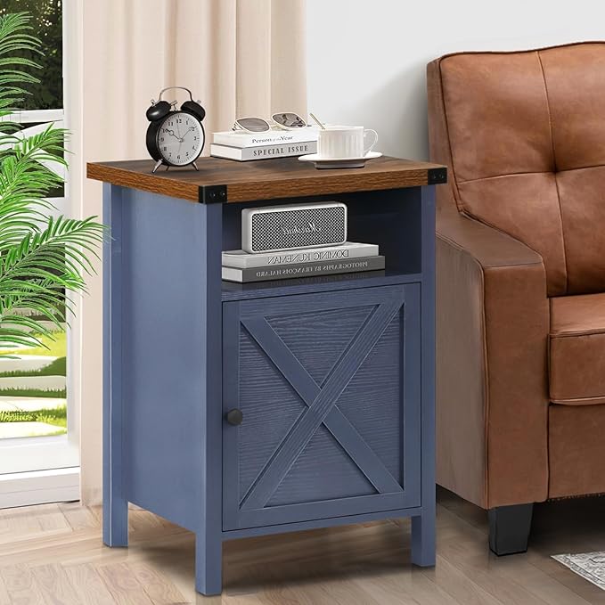 Catrimown Farmhouse Nightstand with Barn Door and Shelf, Side Table, Rustic End Table for Bedroom, Living Room, Navy Blue
