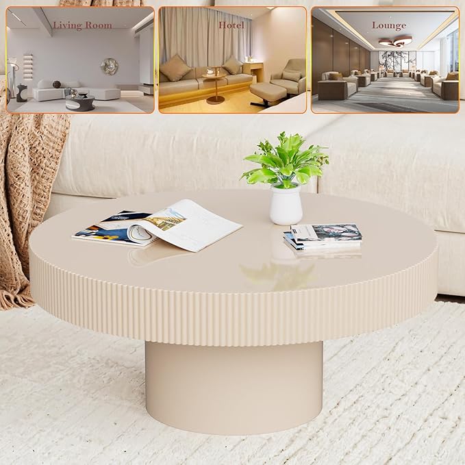 Handcrafted Round Drum Coffee Table Modern Luxury Spacious Fluted Center Table for Small Space - Home Office Apartment (White Thin)