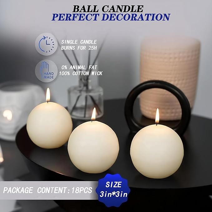 18 PCS Ivory Round Candles,3 in Ball Candles Bulk Set,Dripless Unscented Smokeless,Whether You're Hosting a Wedding or Other Party, or Decorating Your Home,It's a Great Choice.
