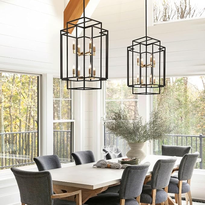 WJShome 8-Lights Farmhouse Chandelier, Modern Foyer Lighting Fixtures, Large Chandeliers for High Ceilings, Black and Gold Tiered Lantern Pendant Light, for Living Room, Staircase, Entryway