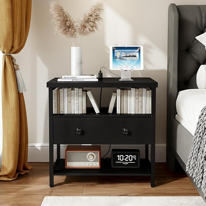 27 Inch Wide Night Stand with Charging Station, Wood Nightstand with Open Shelf, Large Drawer Bedside Table for Living Room/Bedroom/Office (Black)